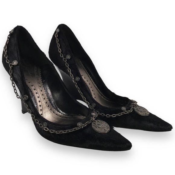 Rock & Republic Pointed Toe Fur Wrap Around Chained Logo Wedge Black Size EU 36 - Picture 7 of 15